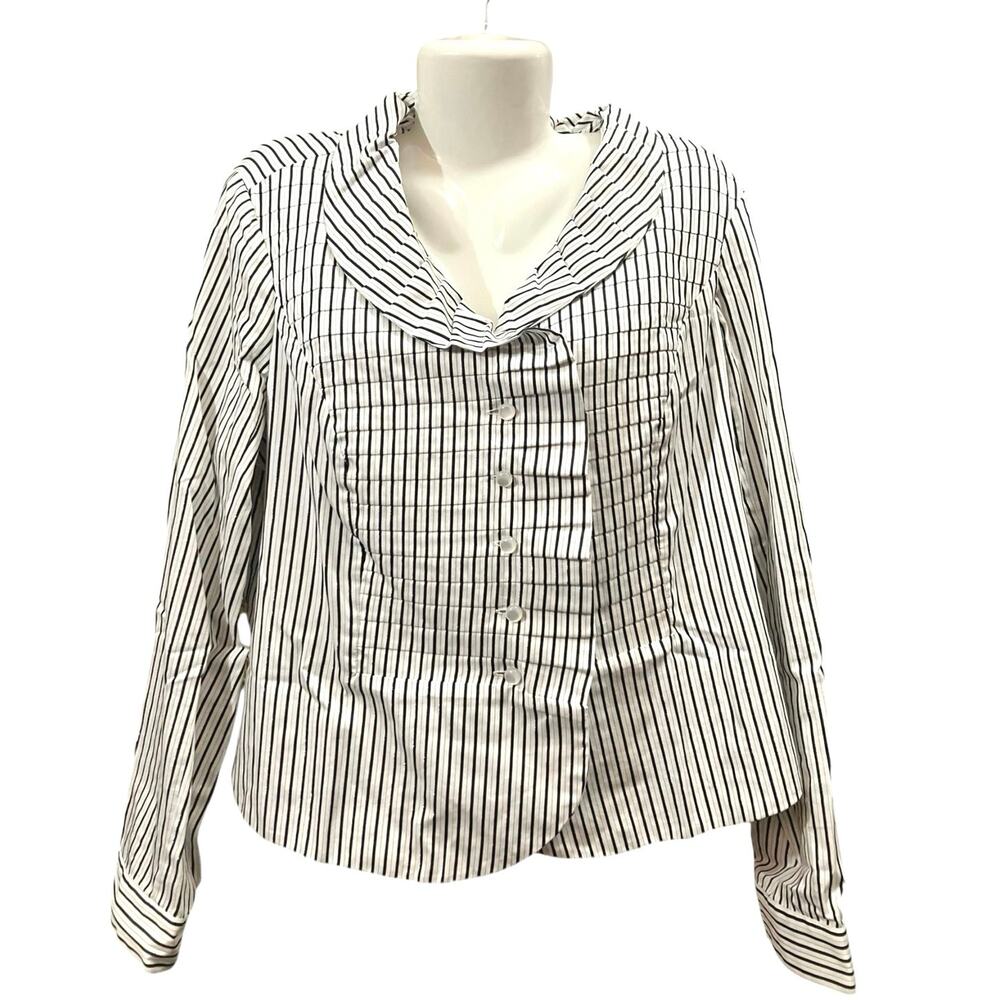 Jones New York Women's White W/ Black/Metallic Striped Ruffle Neck Blouse SZ XL